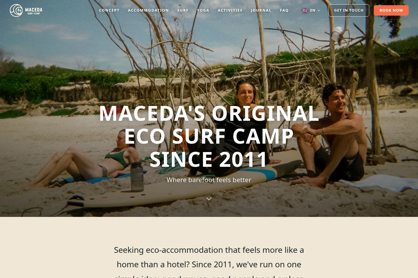 Página inicial do site do Maceda Surf Camp